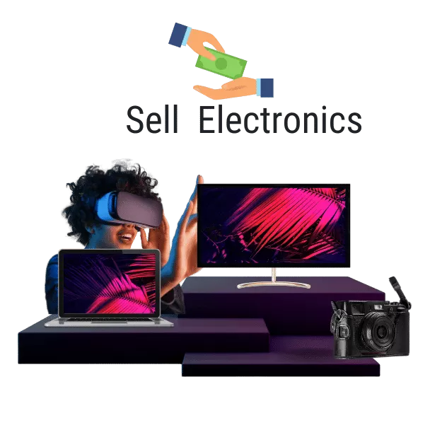 Collection of various electronics including a laptop, monitor, VR headset, and camera with "Sell Electronics" text and a hand offering cash.