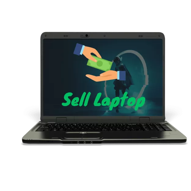 Laptop screen displaying a graphic of two hands exchanging money with the text "Sell Laptop" and a silhouette of a person with headphones in the background.