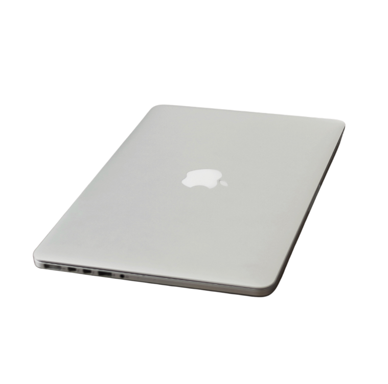 Silver MacBook Pro closed on a white background.