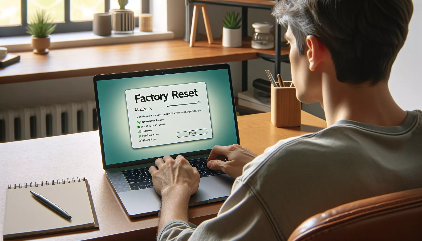 Person sitting at a desk, performing a factory reset on a MacBook with the screen showing 'Factory Reset' option.