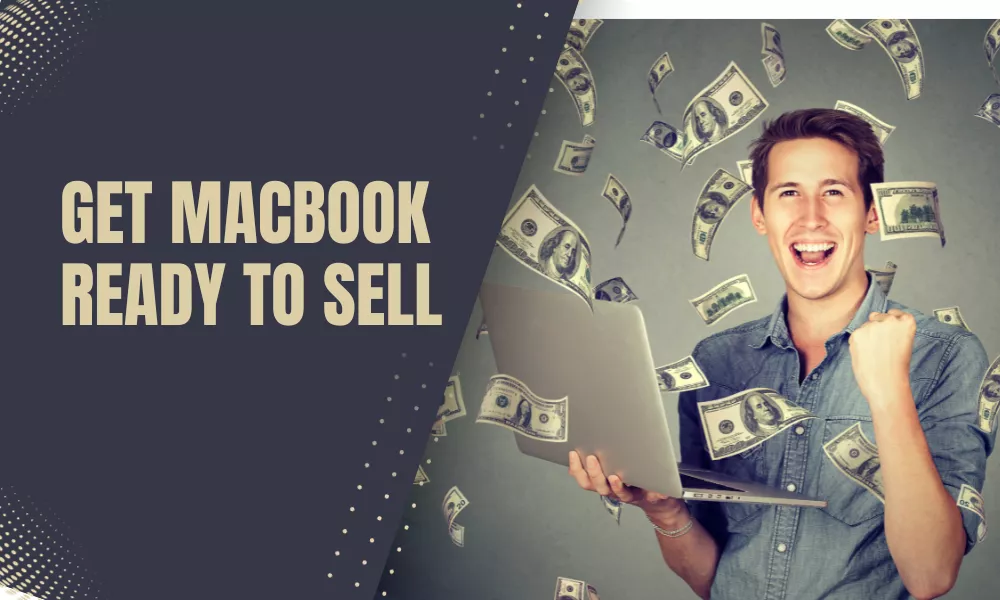 A happy man holding a MacBook with money flying around, symbolizing a successful sale.