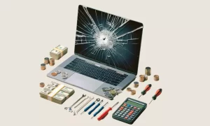 A MacBook with a cracked screen flanked by money on the left and repair tools on the right.