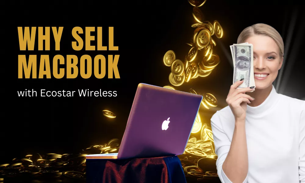 Smiling woman holding cash and a MacBook with coins pouring out symbolizing the benefits of selling to EcoStar Wireless.
