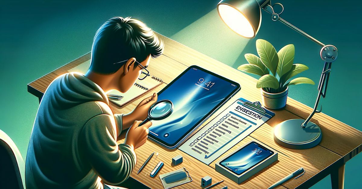 A detailed illustration of a person closely examining an iPad using a magnifying glass, checking for physical wear and reviewing a checklist for battery life, storage capacity, and software updates