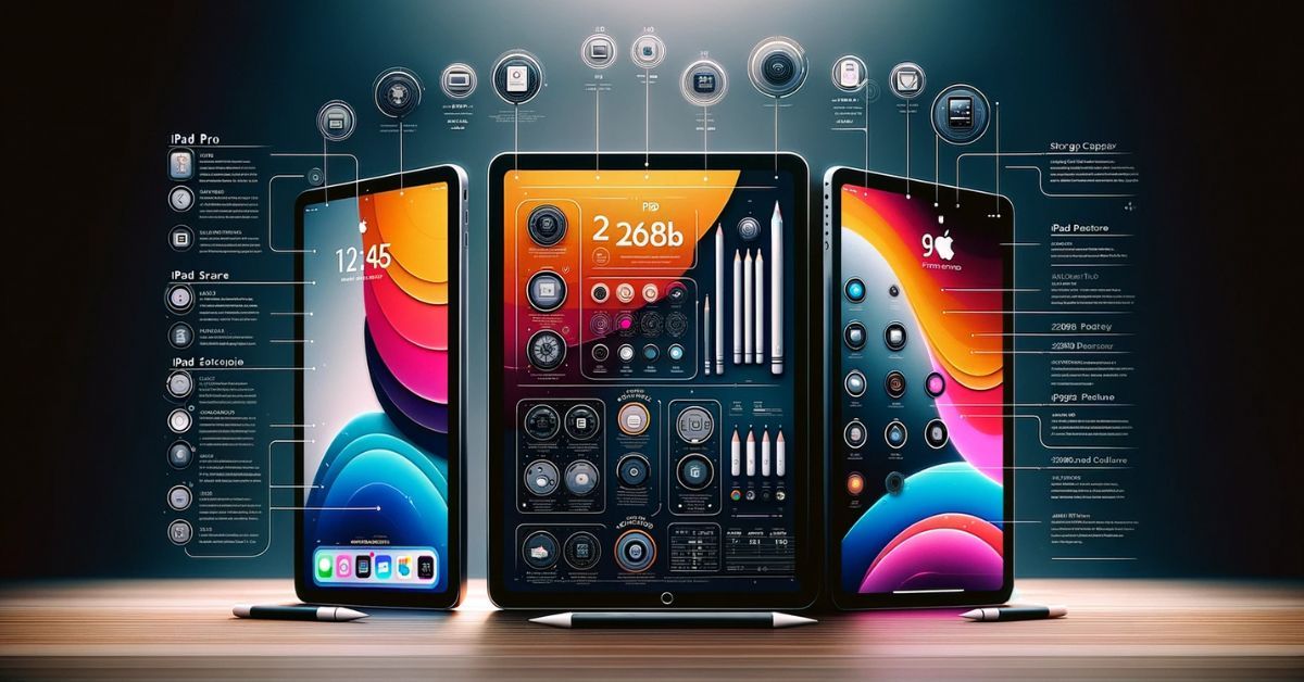 A digital illustration displaying various iPad models, including iPad Pro, iPad Air, and iPad Mini, each with highlighted features like storage capacity, color options, and compatibility with Apple accessories.