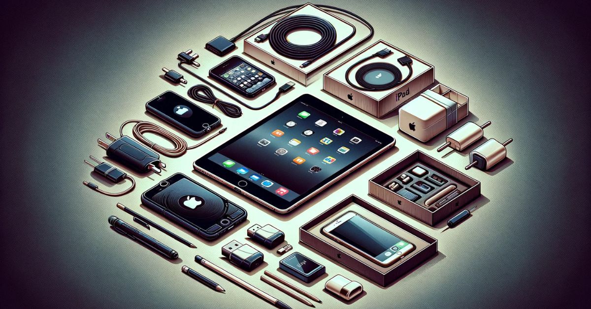 A digital illustration of an iPad Mini with original accessories like a charger and box, additional items like a case and Apple Pencil, all arranged for an appealing resale bundle