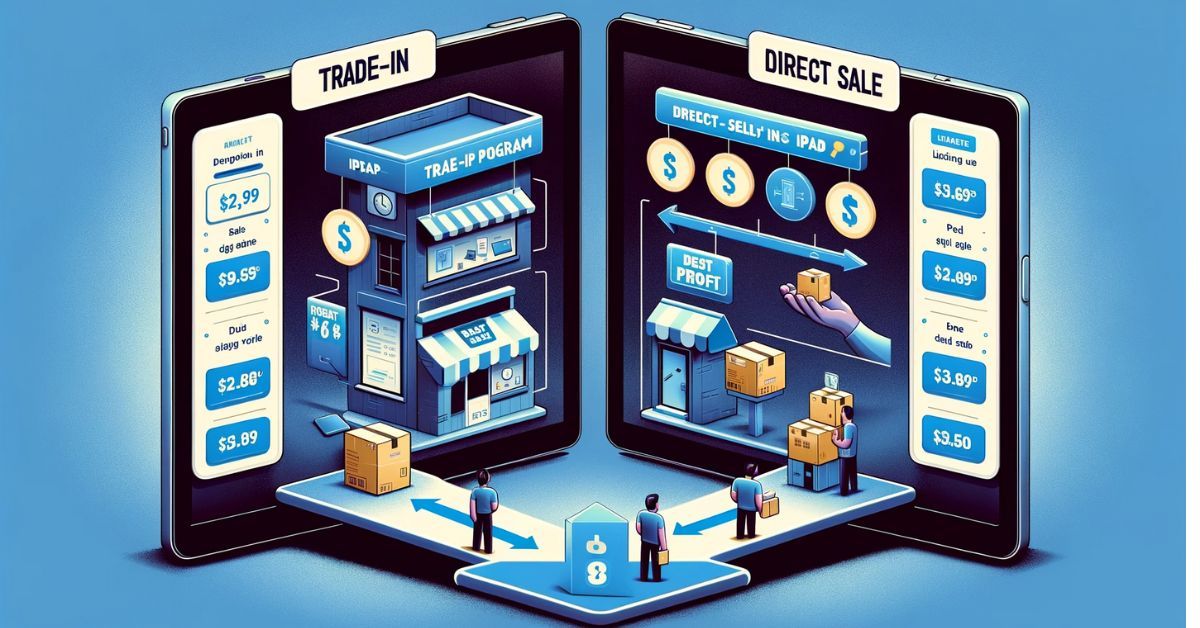 A digital illustration depicting two scenarios for selling an iPad: one showing a trade-in at an electronics retailer for convenience but lower value, and another depicting a direct sale on an online platform for higher profit potential.