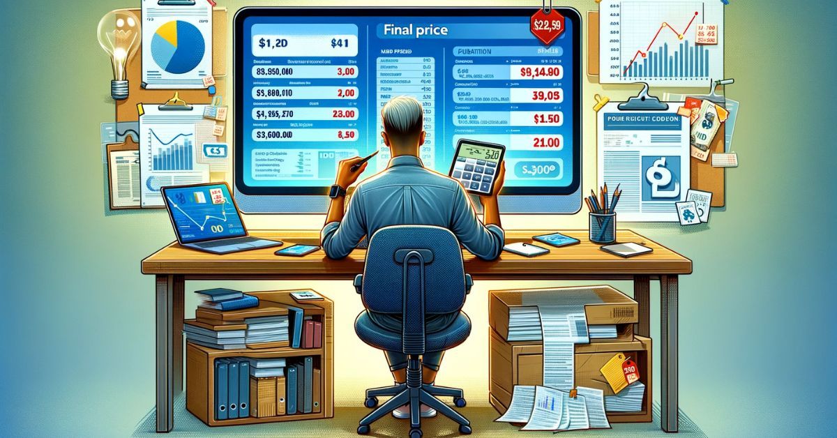 A digital illustration of a person at a desk, calculating the final selling price for an iPad, surrounded by market research and price comparisons
