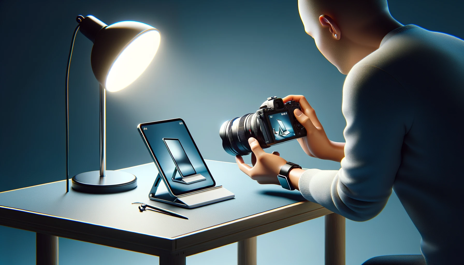 A person taking a photograph of a tablet with a professional camera, highlighting the tablet's screen and design under a bright desk lamp.