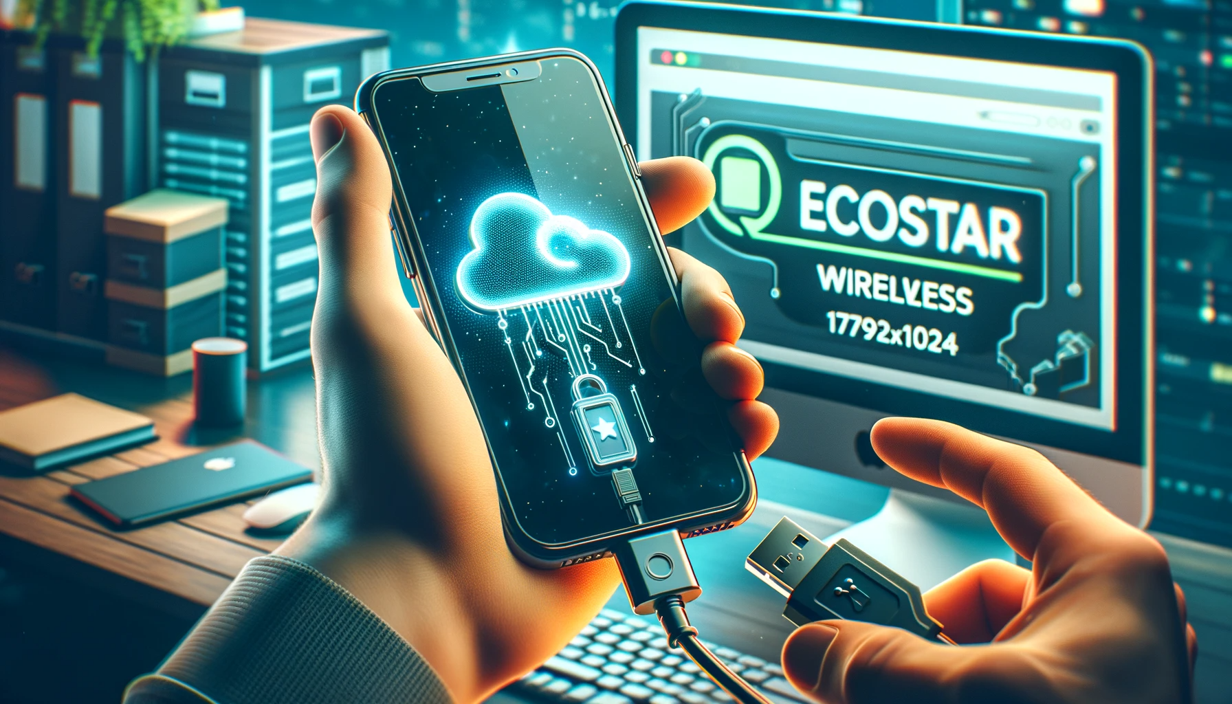 Person holding an iPhone with iCloud symbol and USB connection to a computer, with Ecostar Wireless sign in the background.