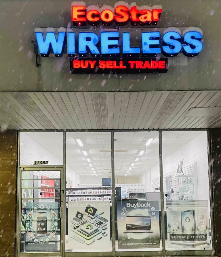 Front view of EcoStar Wireless store, showing its sign and entrance with promotional banners on the door.