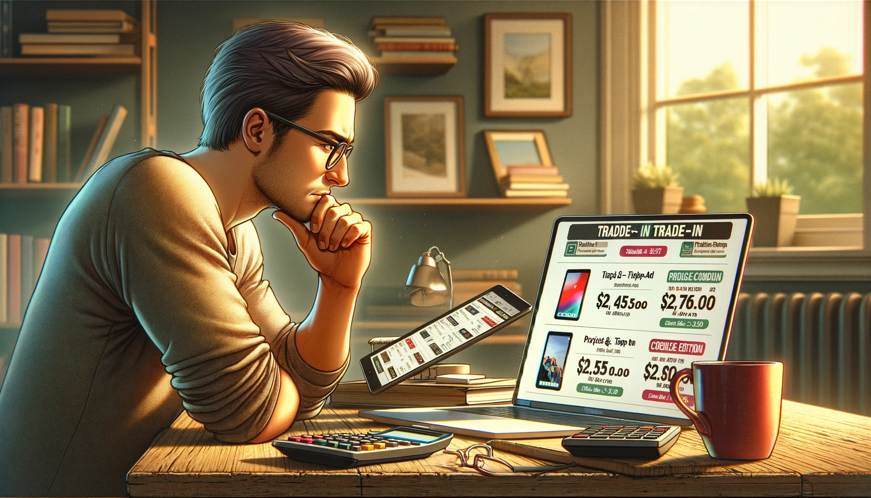 A young man contemplates various trade-in offers for his device on a tablet, with a thoughtful expression as sunlight streams through a nearby window.
