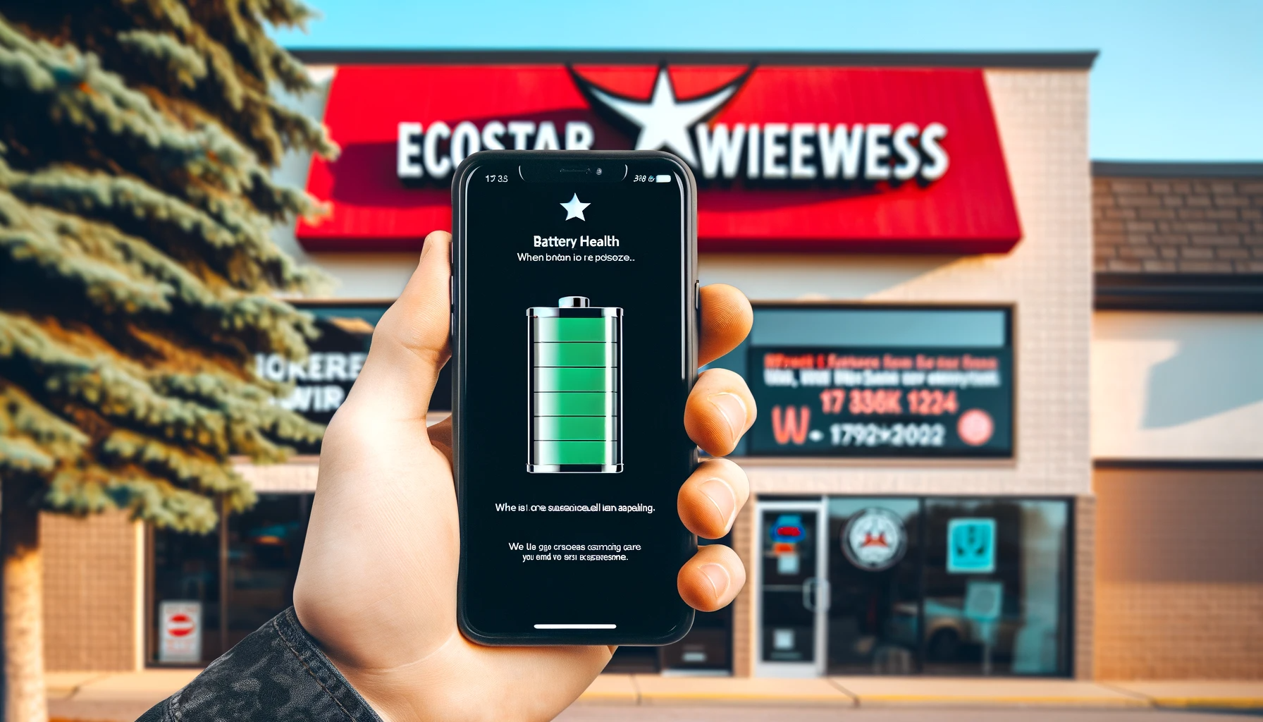 Person holding an iPhone showing battery health screen, with Ecostar Wireless sign in the background.