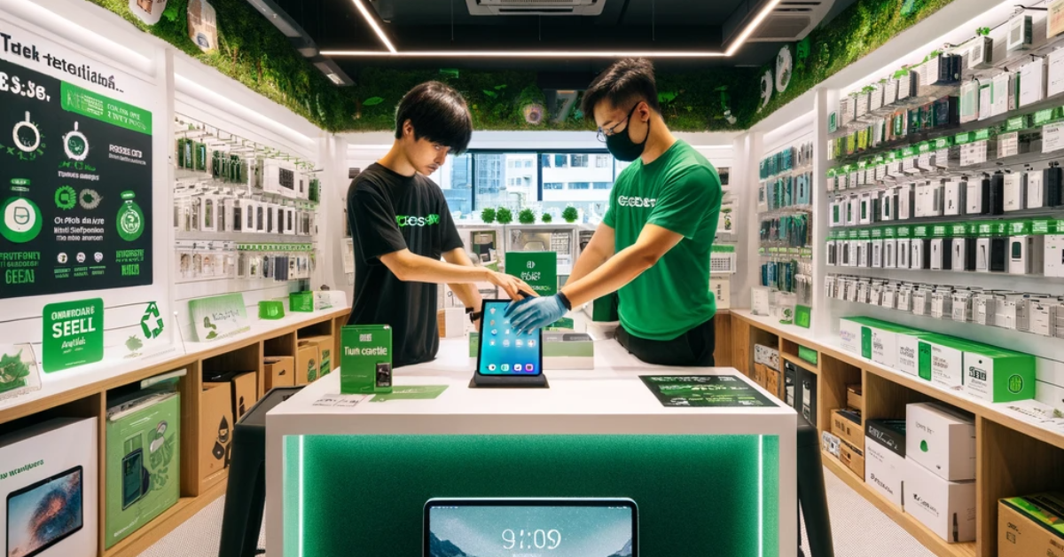 Person trading in iPad at EcoStar Wireless, a local electronics store with an eco-friendly green and white theme.