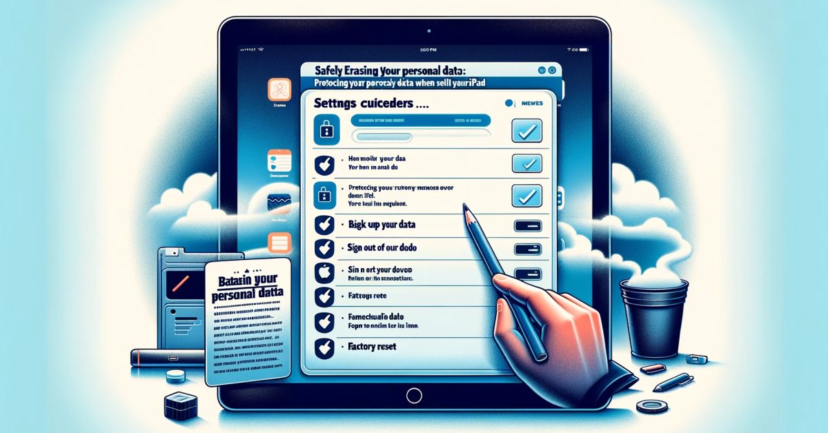 A digital illustration showing an iPad with a settings menu open, indicating data erasure. Next to it is a checklist with steps like 'Backup Your Data'. The simple background highlights the iPad and checklist in cool blues and greys.
