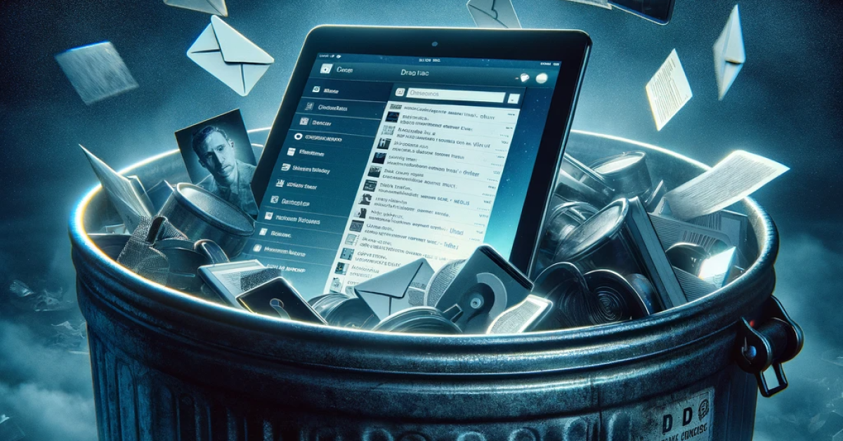 iscarded iPad in a trash bin showing visible personal data, with a dark, ominous background symbolizing data vulnerability